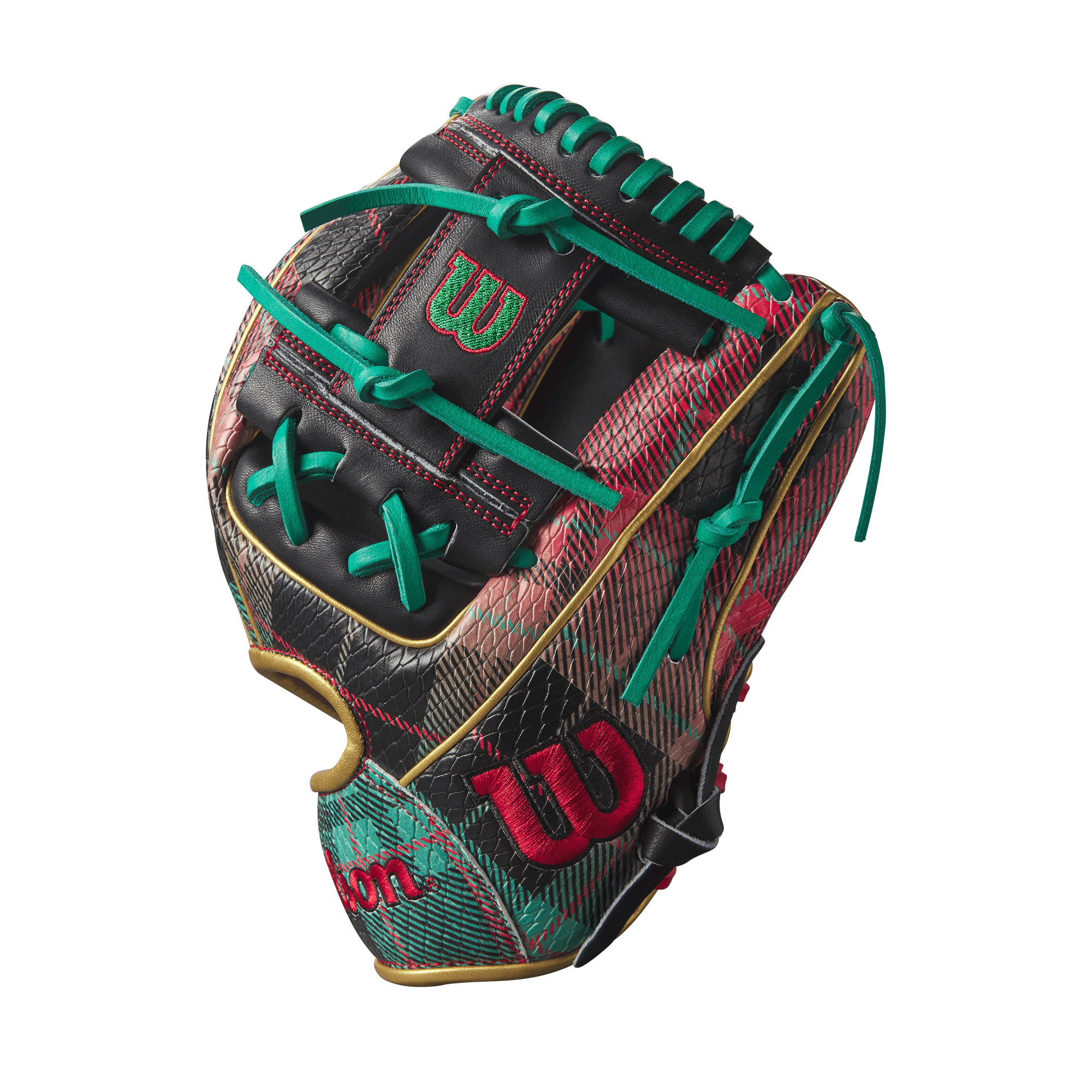 Wilson 2023 A2000 Holiday Sweater 1786 11.5” infield glove in red and green plaid with metallic gold accents.