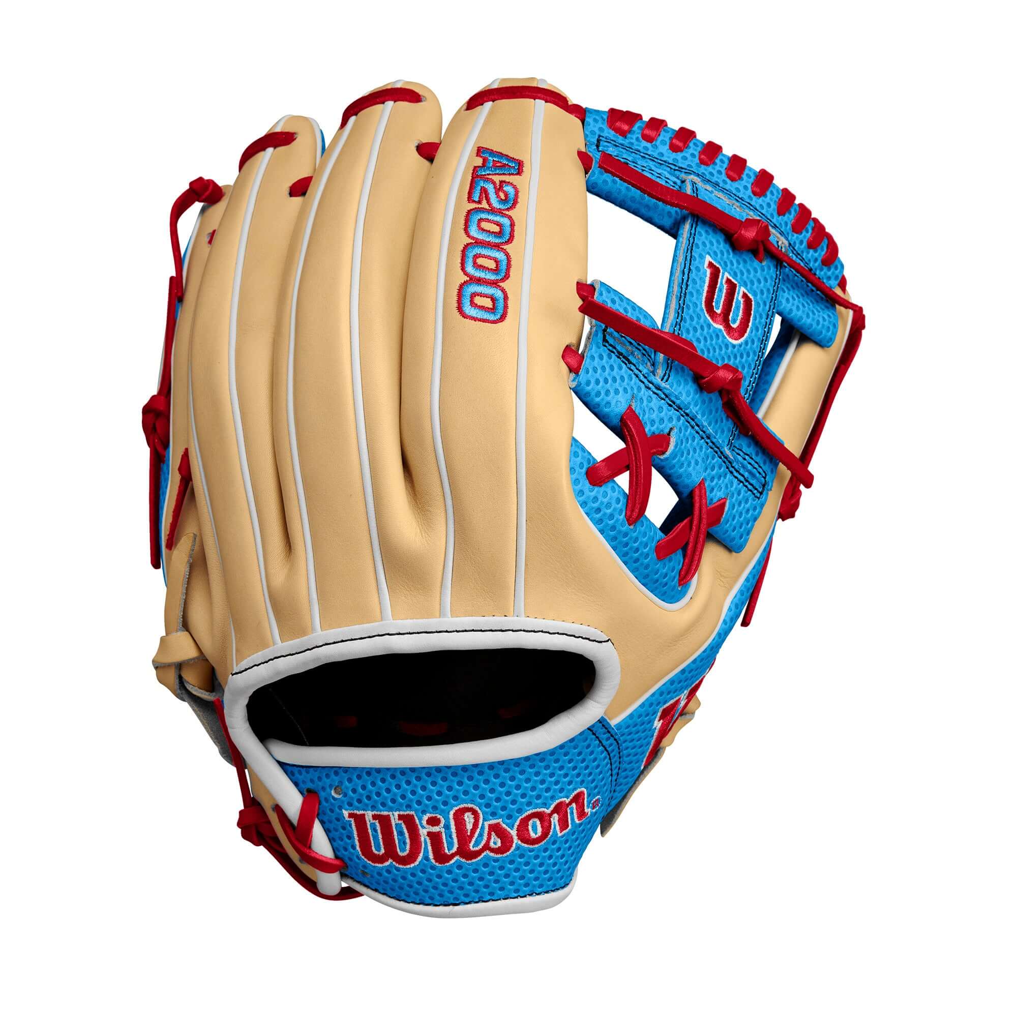 Wilson A2000 1975 infield baseball glove in blonde and tropic blue, featuring Spin Control Technology for better grip.