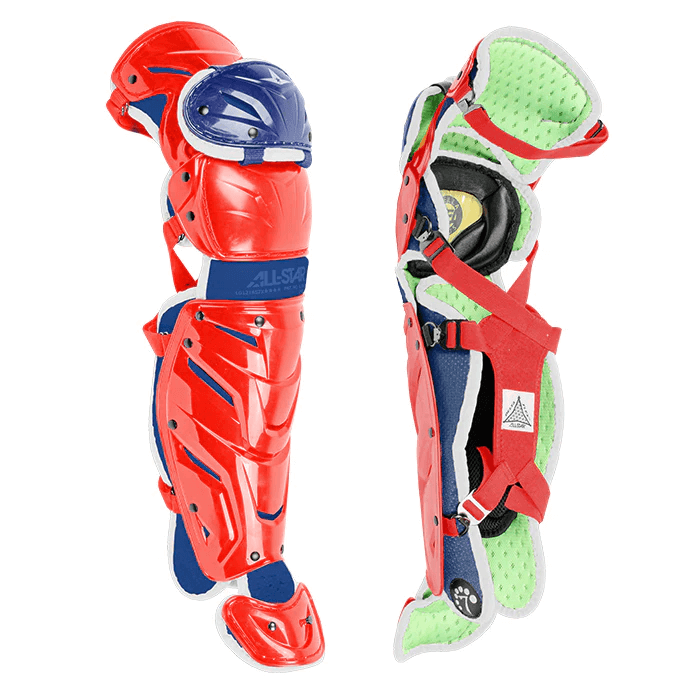 All-Star S7 Axis catching kit, featuring vibrant red and blue leg guards and mask for youth players ages 12-16.