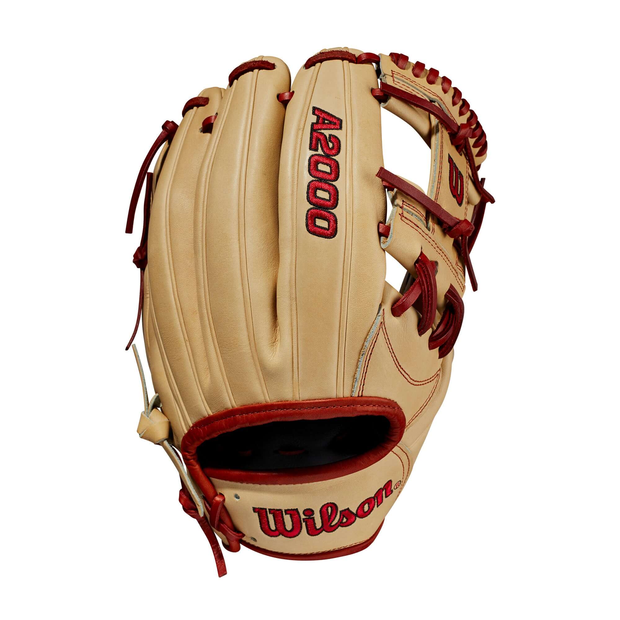 Wilson A2000 1787 11.75-inch glove in blonde and red, featuring ComfortPro lining for optimal fit and feel.