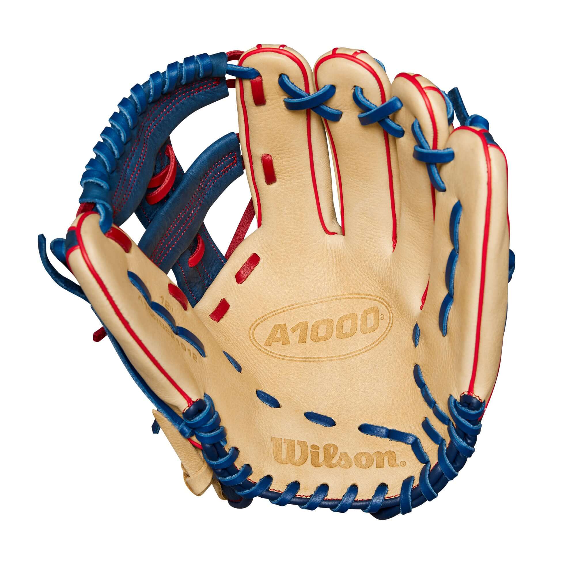 Wilson A1000 1912 infield baseball glove in Blonde and Navy leather, 12" size, featuring Cross Web design.