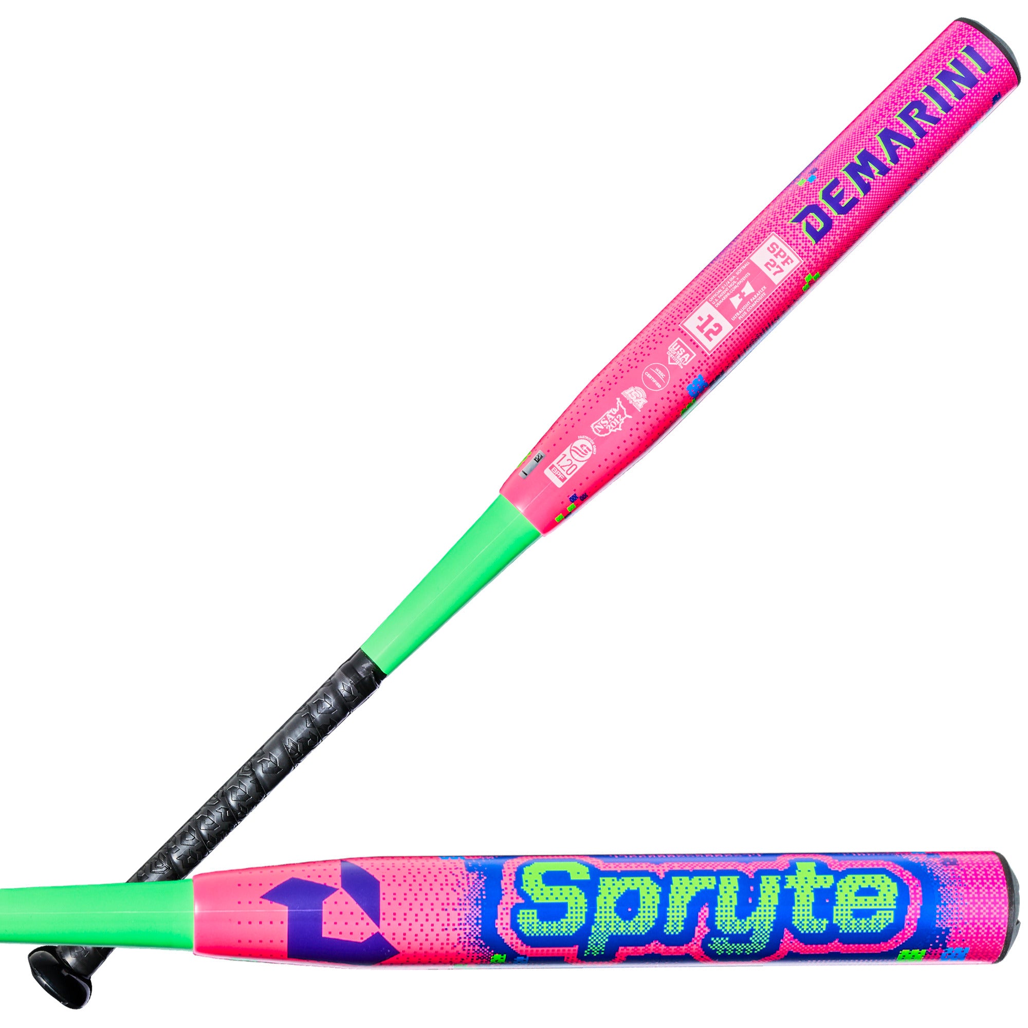2027 DeMarini Spryte (-12) Fastpitch Softball Bat pink green front and back combination view