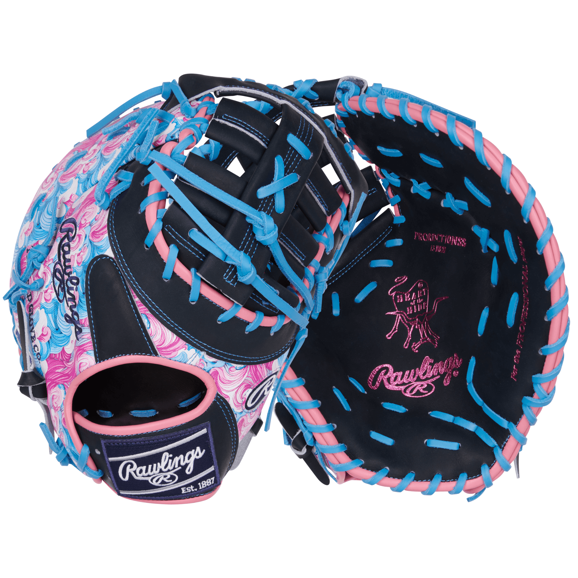 Rawlings Heart of the Hide Colorsync 9.0 First Base Mitt 13'' in vibrant pink and blue design, showcasing quality craftsmanship.