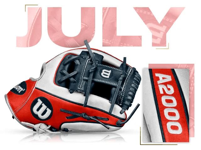 Wilson A2000 1786 glove, July 2017 edition, showcasing vibrant red and white design for optimal performance.
