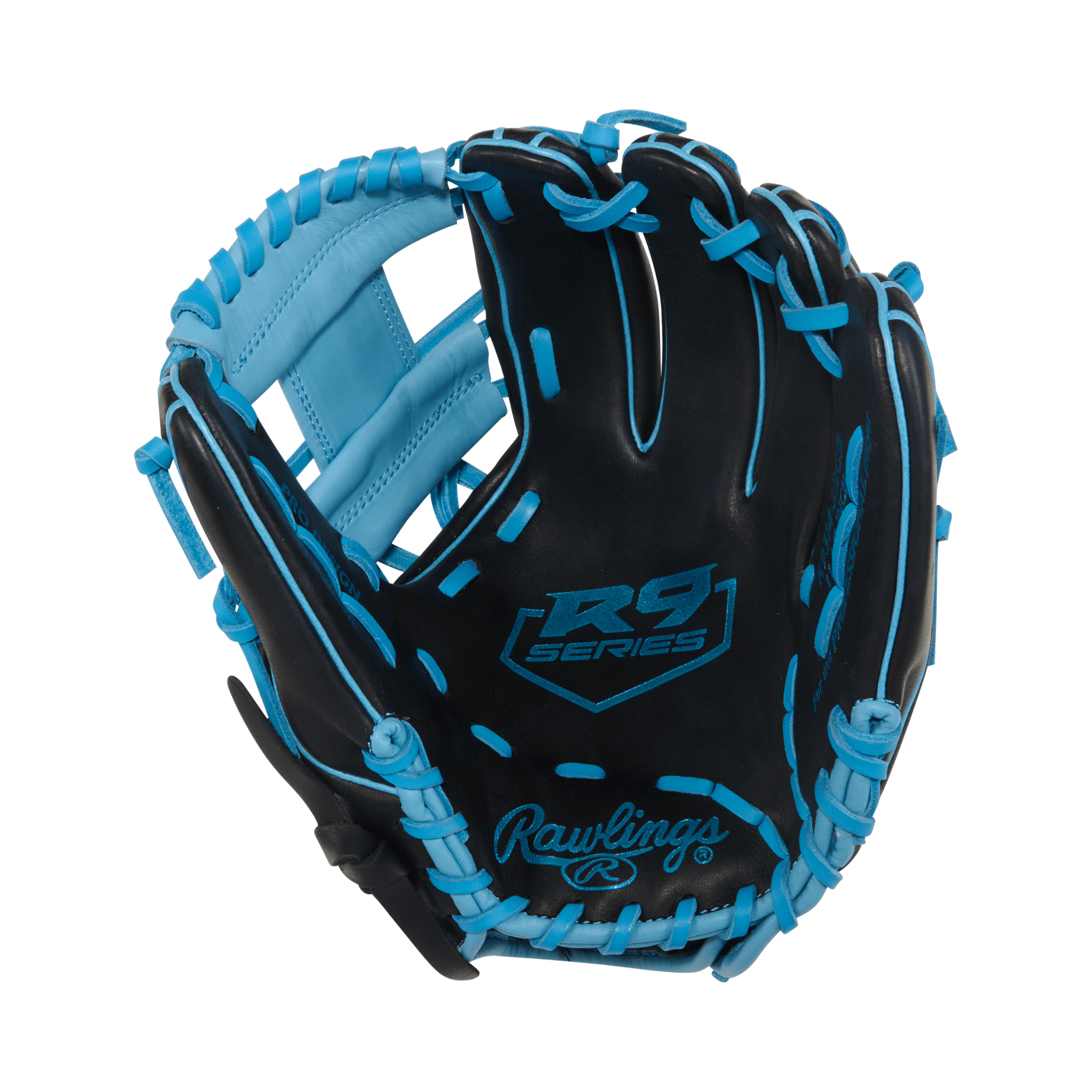 Rawlings R9 Baseball Series 11.5" infield glove in black with Columbia Blue accents, designed for right-handed players.