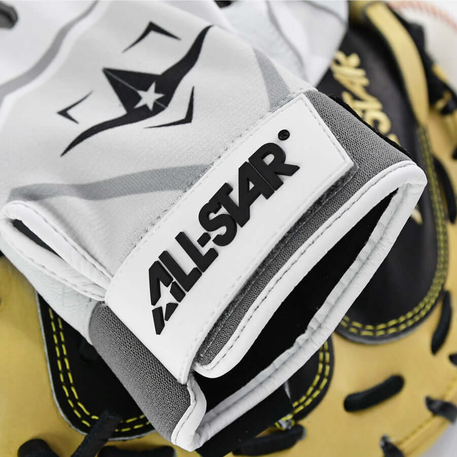 All-Star adult protective padded catcher's inner glove detail showing logo and padded design for enhanced comfort and protection.