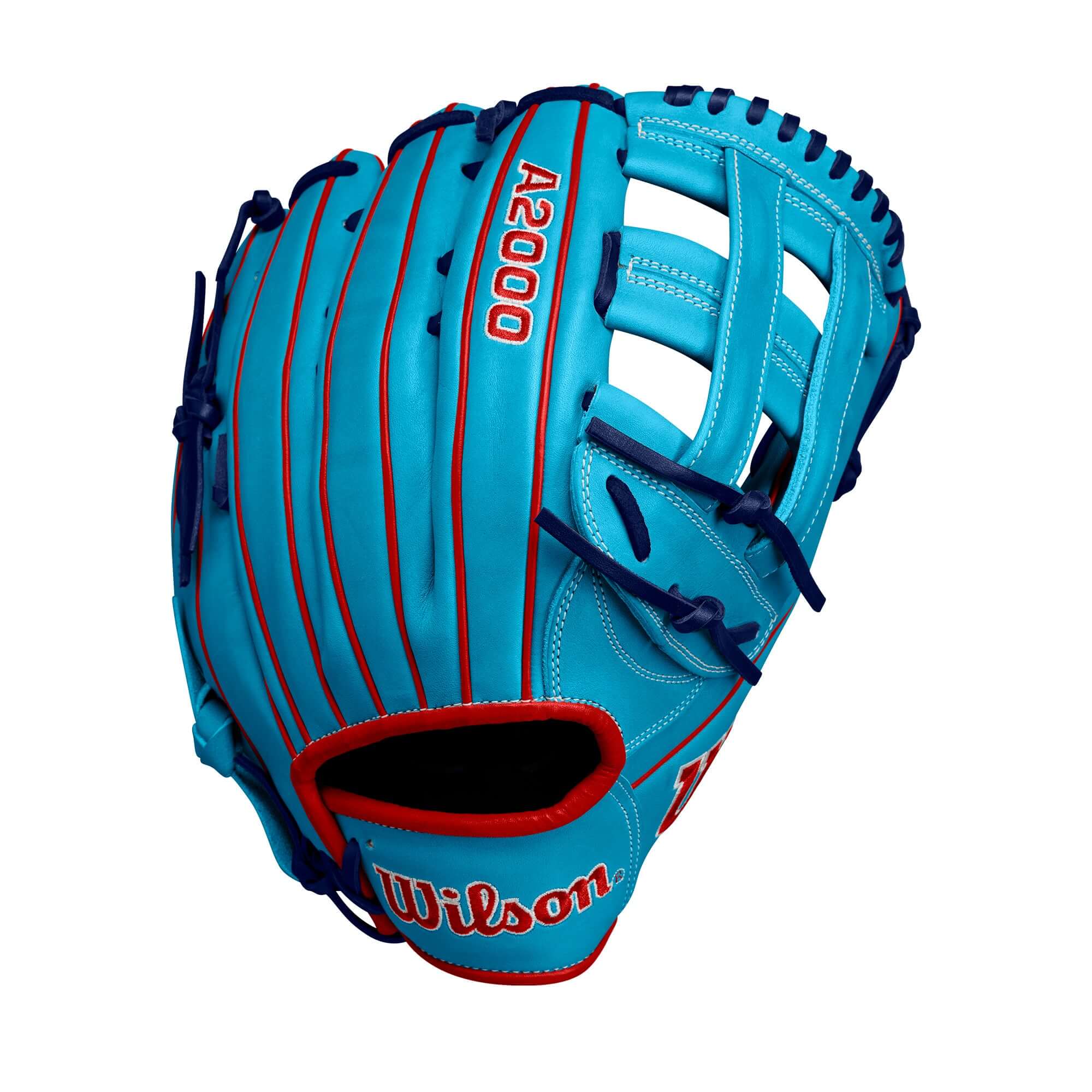 Wilson A2000 1750 Outfield Baseball Glove in Tropical Blue and Red, 12.5" LHT design for enhanced control and fit.
