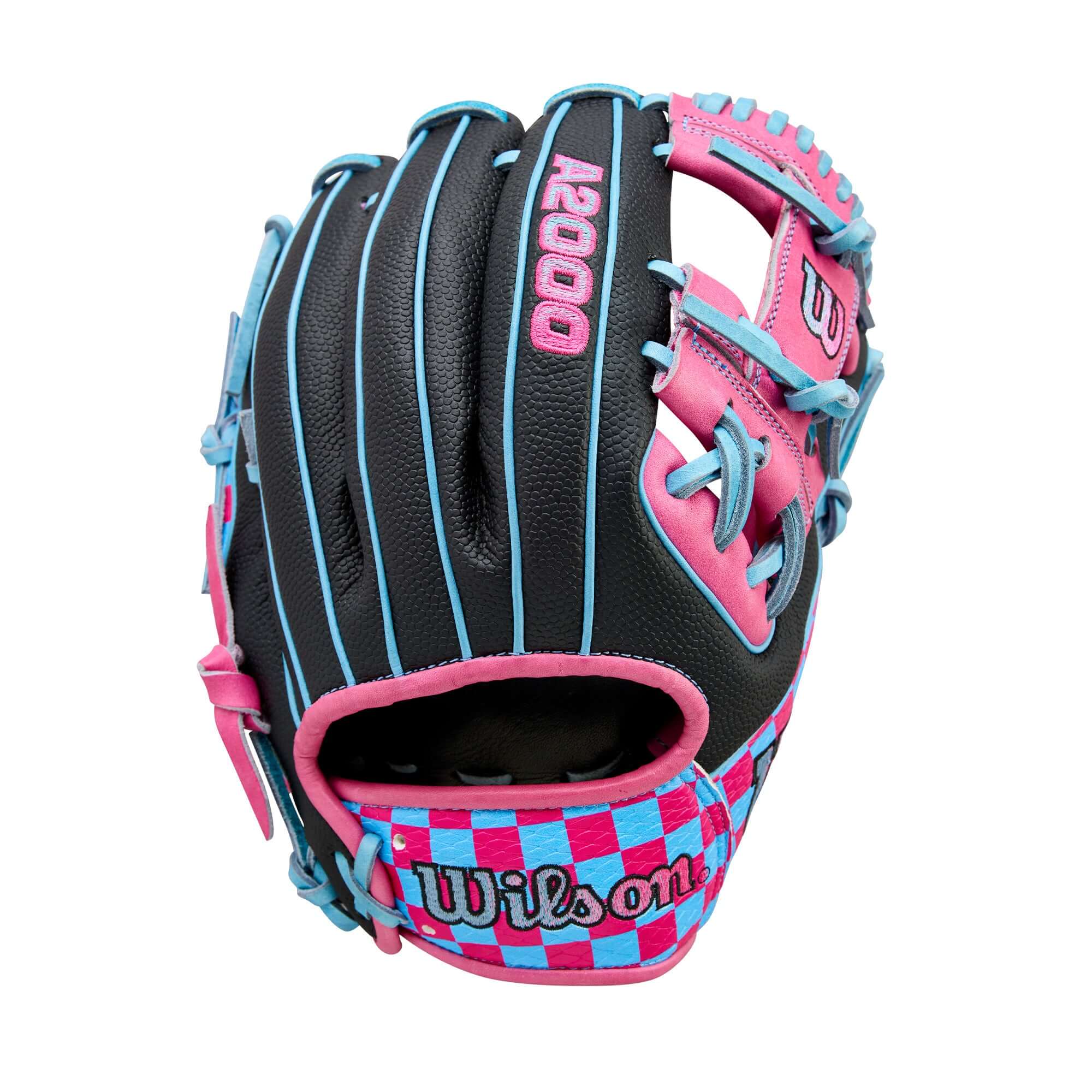 Wilson A2000 1786SS 11.5” Pottstown Glove back view with checkerboard SuperSnakeSkin™ and gradient Bold Logos.