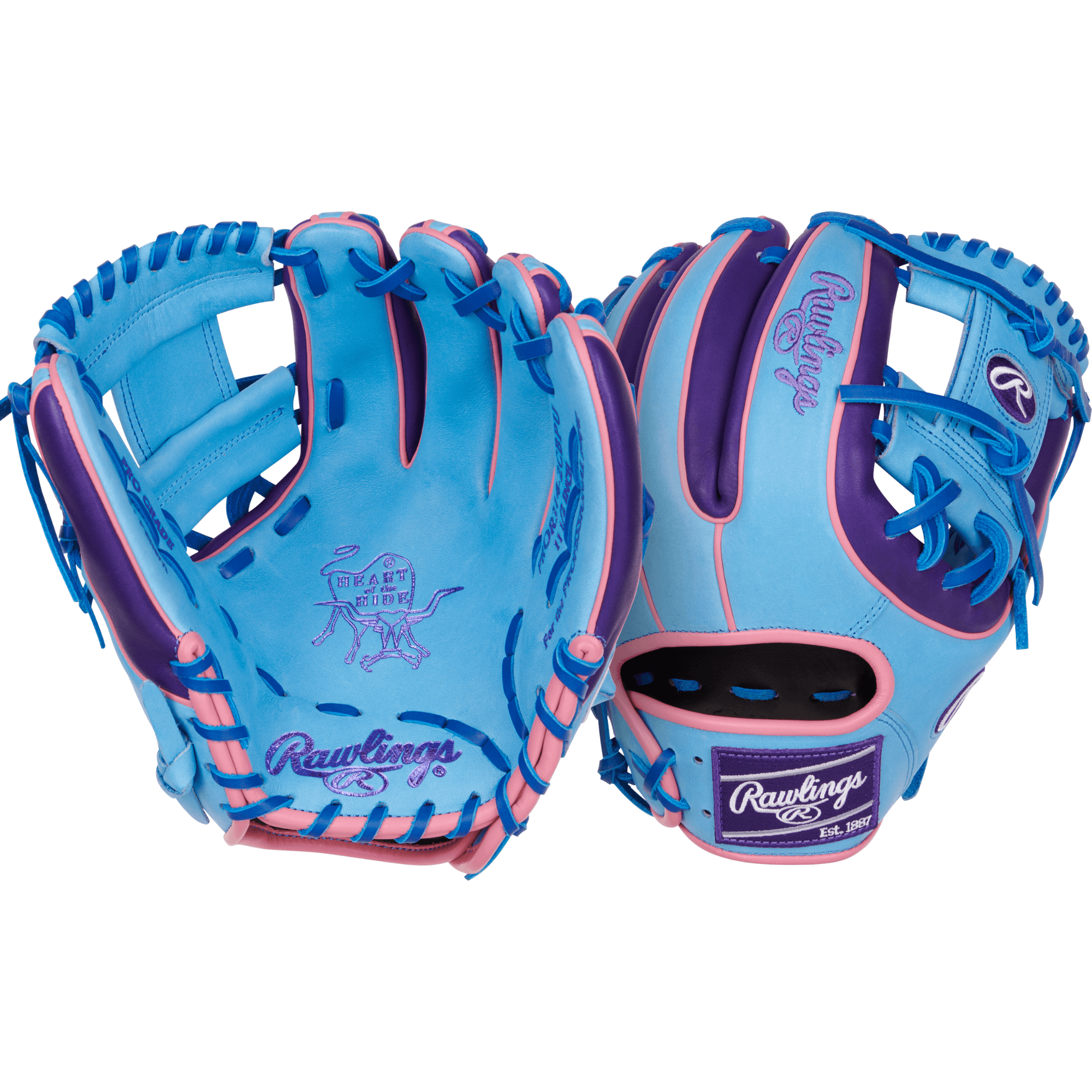Rawlings Heart of the Hide Colorsync 9.0 Infield Glove 11.5" in Columbia, Purple, and Pink, showcasing vibrant colors and pro design.