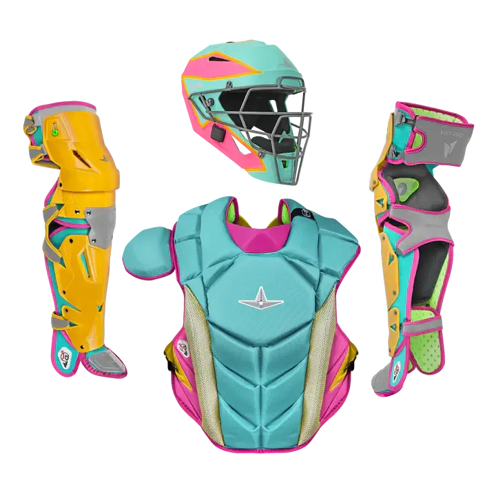 All-Star MVP-PRO Short Fuse Saved By The Bell Limited Edition catcher gear in yellow, pink, seafoam colors