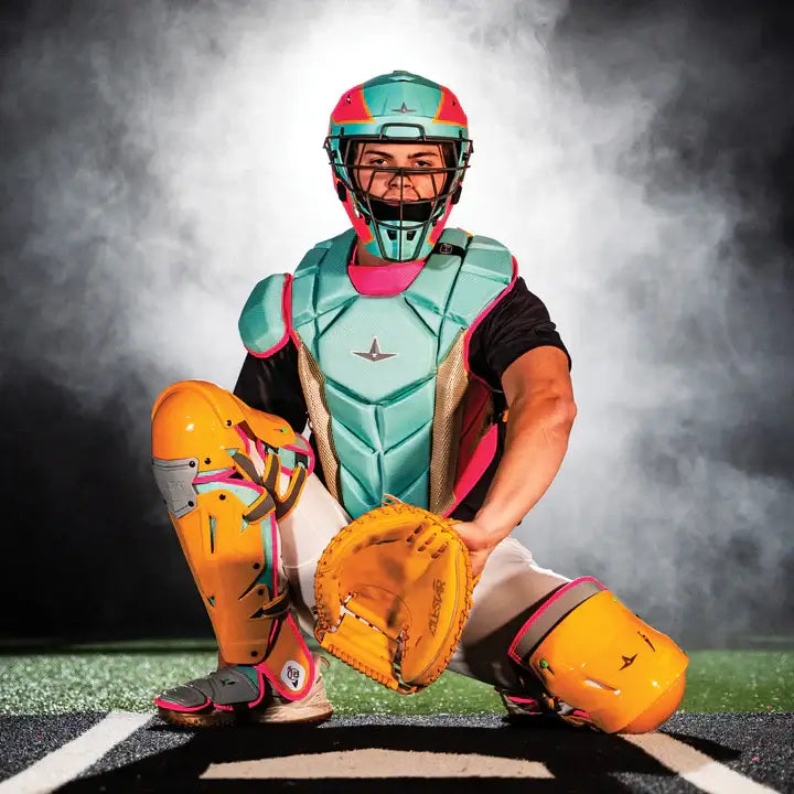 Catcher in All-Star MVP-Pro Short Fuse Catcher's Kit | Saved By The Bell Limited Edition | Yellow/Pink/Seafoam (Small), front view.