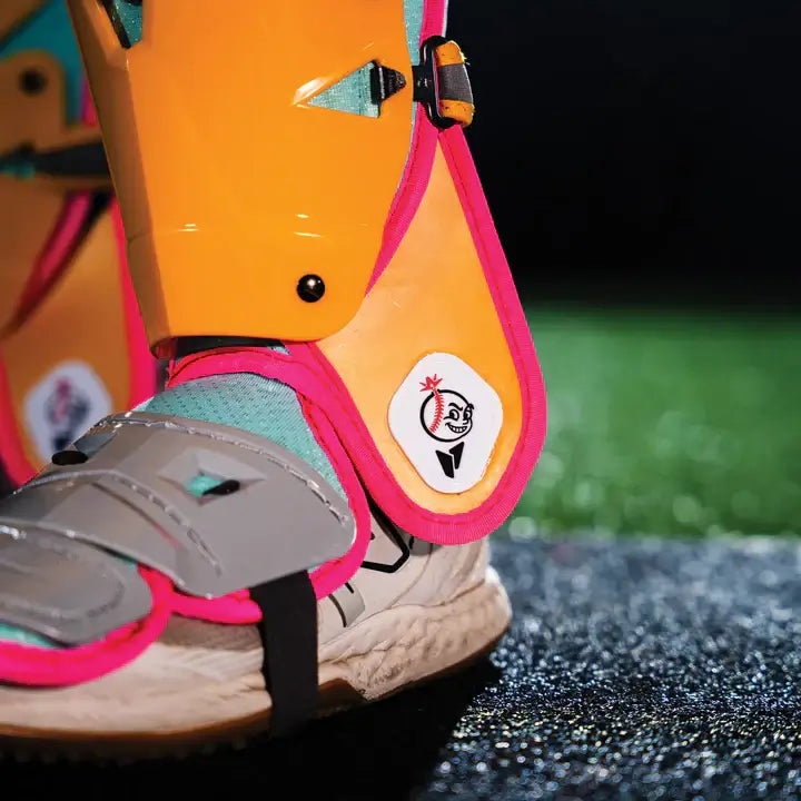 All-Star MVP-Pro Short Fuse Catcher's Kit | Saved By The Bell Limited Edition | Yellow/Pink/Seafoam (Small) leg guard detail