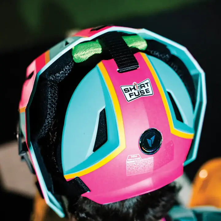 Back view of All-Star MVP-Pro Short Fuse catcher's helmet, Saved By The Bell Limited Edition, pink with logo, yellow/seafoam accents.