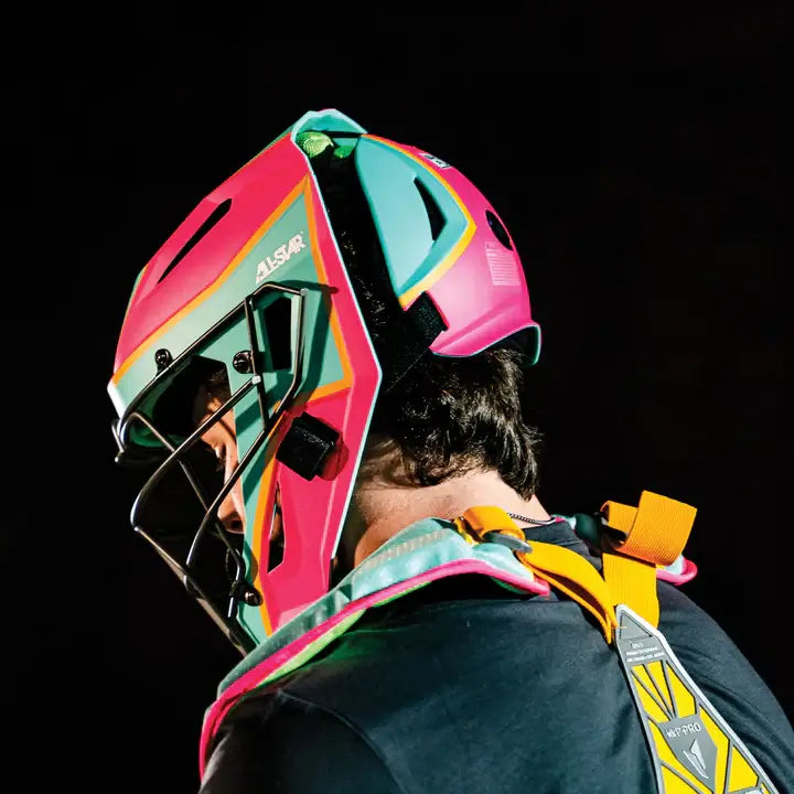 Back view of All-Star MVP-Pro Short Fuse Catcher's Kit helmet in Saved By The Bell Limited Edition, Yellow/Pink/Seafoam