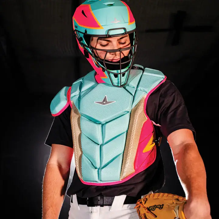 Catcher wearing All-Star MVP-Pro Short Fuse Catcher's Kit | Saved By The Bell Limited Edition | Yellow/Pink/Seafoam (Small) front view