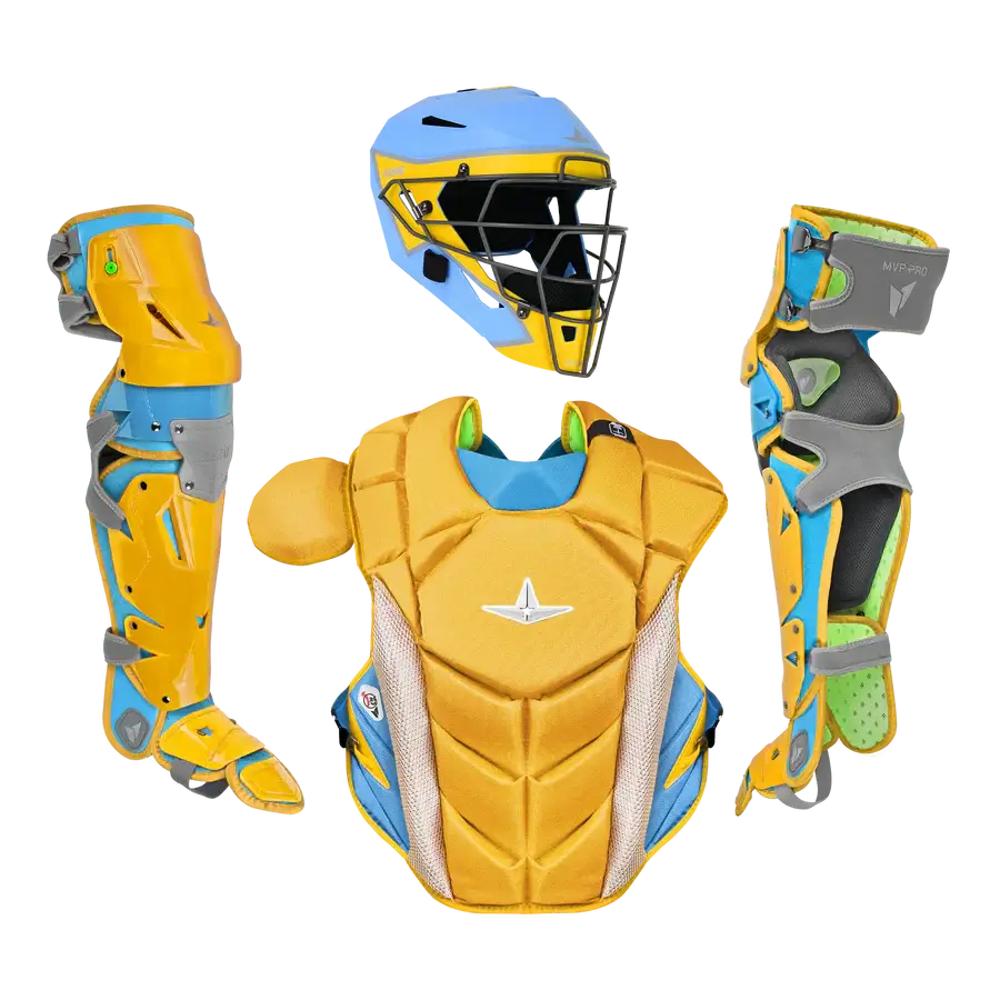 All-Star MVP-Pro Short Fuse Catcher's Kit Boston Limited Edition Sky Blue/Yellow Intermediate, front view