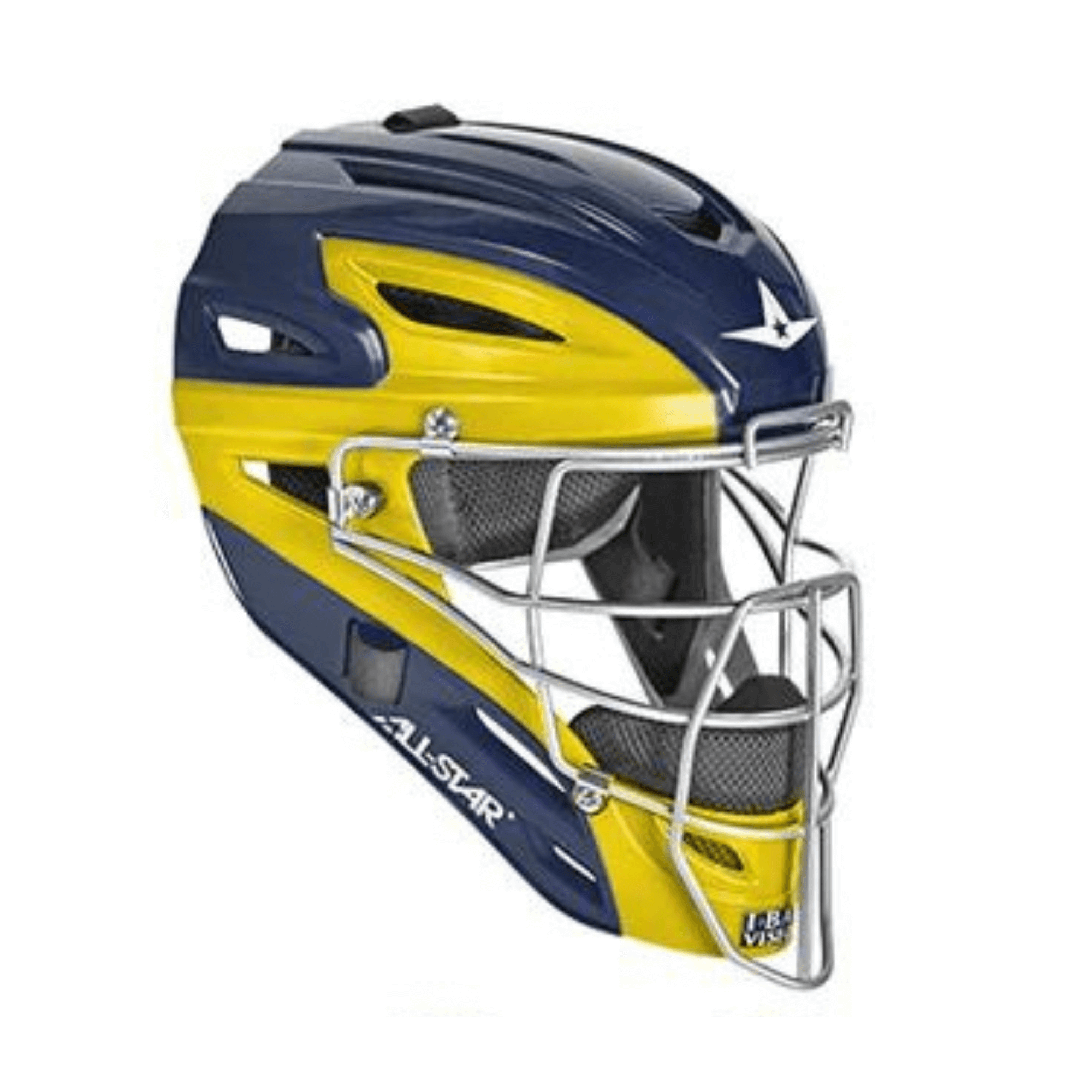 All-Star S7 Helmet in two-tone blue and yellow, meets NOCSAE standards, designed for adult use in baseball or softball.