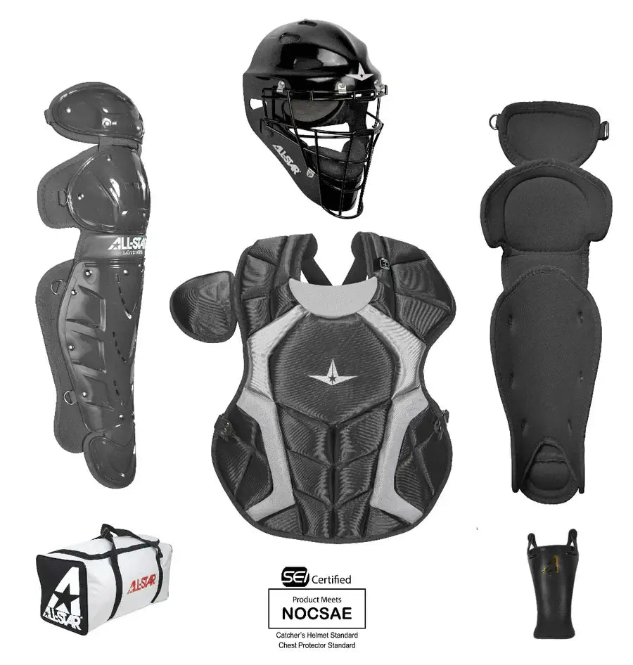 All-Star Player's Series catching kit for ages 7-9, featuring helmet, chest protector, leg guards, and equipment bag.