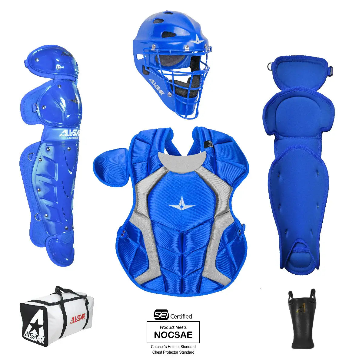 All-Star Player's Series catching kit in blue, featuring helmet, chest protector, leg guards, throat guard, and equipment bag.