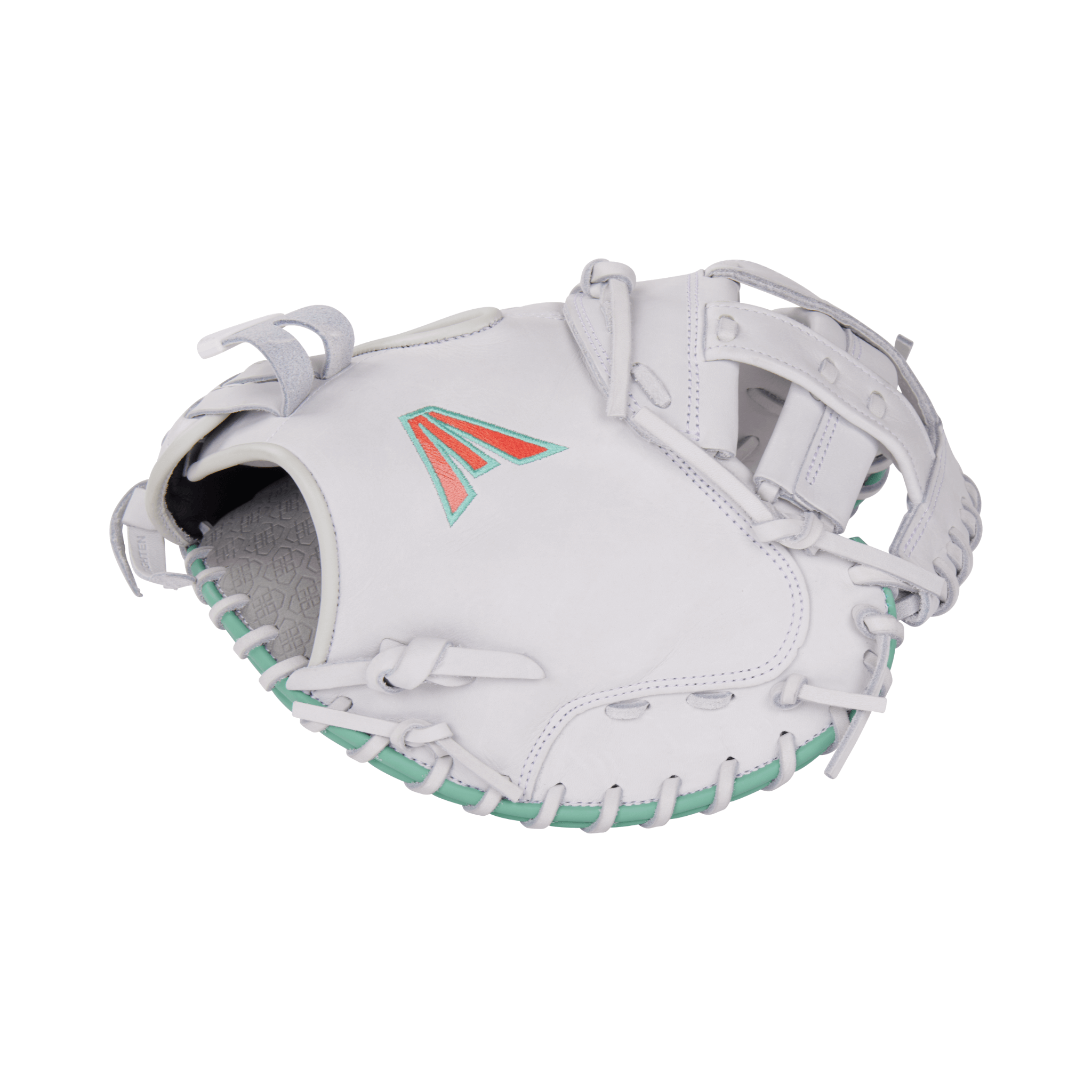 Easton Professional Collection Signature Series J. Schro fastpitch softball glove, 34", white with teal and orange details.