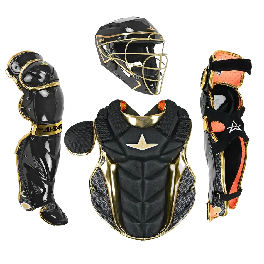 All-Star PHX™ Diamond Series Softball Catcher's Kit | Black/Gold, gear front view with detailed black padding and gold accents.