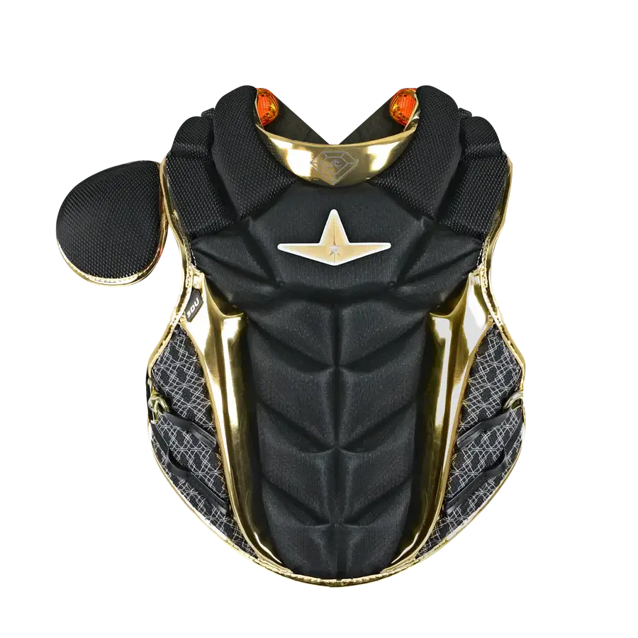 All-Star PHX™ Diamond Series Softball Catcher's Kit | Black/Gold chest protector front view with gold detailing