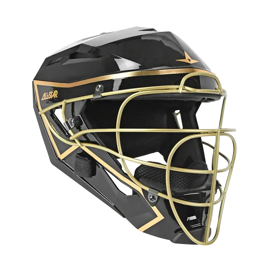 All-Star PHX™ Diamond Series Softball Catcher's Kit helmet, Black/Gold, side view with gold cage and All-Star logo visible.