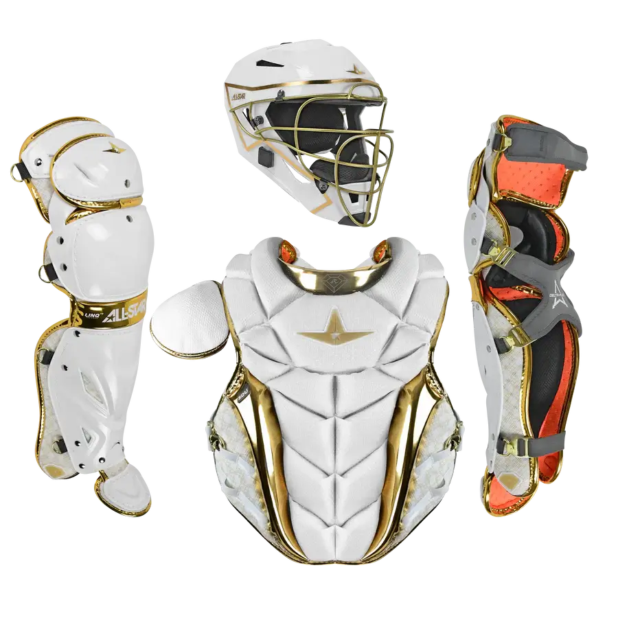 All-Star MVP PRO PHX White Gold Diamond Collection Catchers Set Adult front view helmet chest leg guards