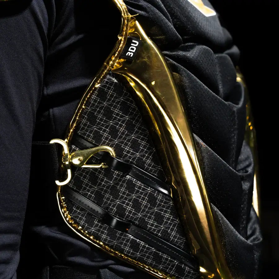 All-Star PHX™ Diamond Series Softball Catcher's Kit | Black/Gold chest protector with gold trim and interior strap detail.