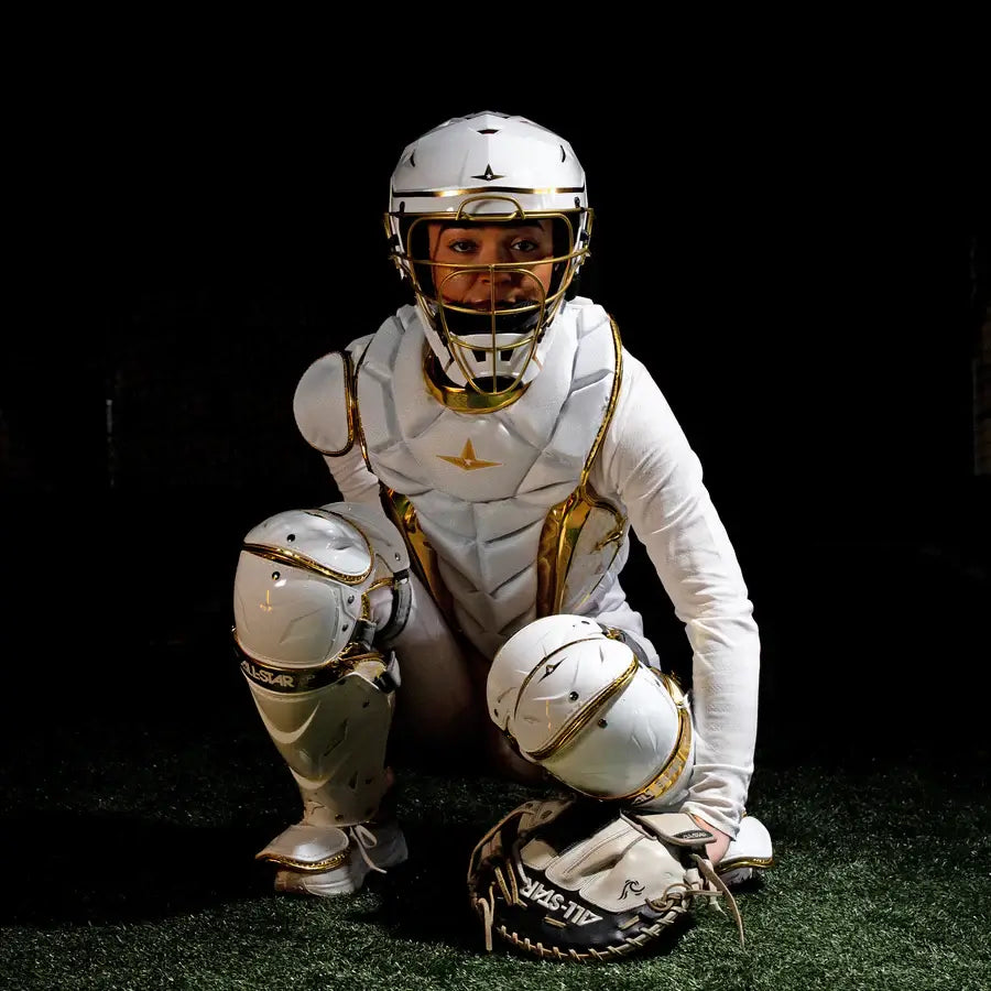 All-Star MVP PRO PHX White Gold Diamond Collection Catchers Set Adult worn by catcher in stance