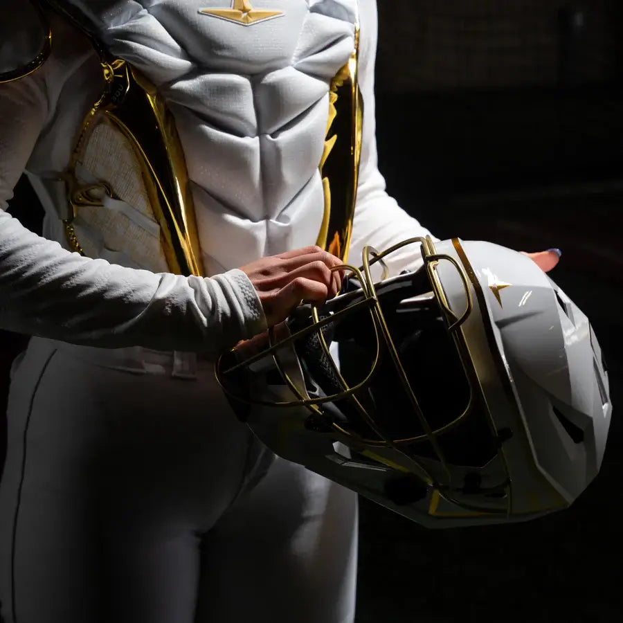 All-Star MVP Pro PHX™ Diamond Series Softball Catcher's Kit | White/Gold (Small), front view showing chest protector and helmet.