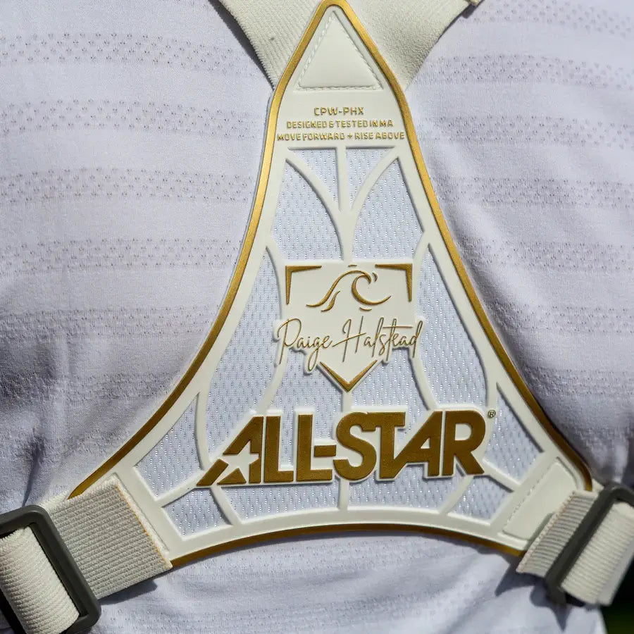 Back view of All-Star MVP Pro PHX™ Diamond Series Catcher's Kit | White/Gold (Small) showing gold logo and white straps.