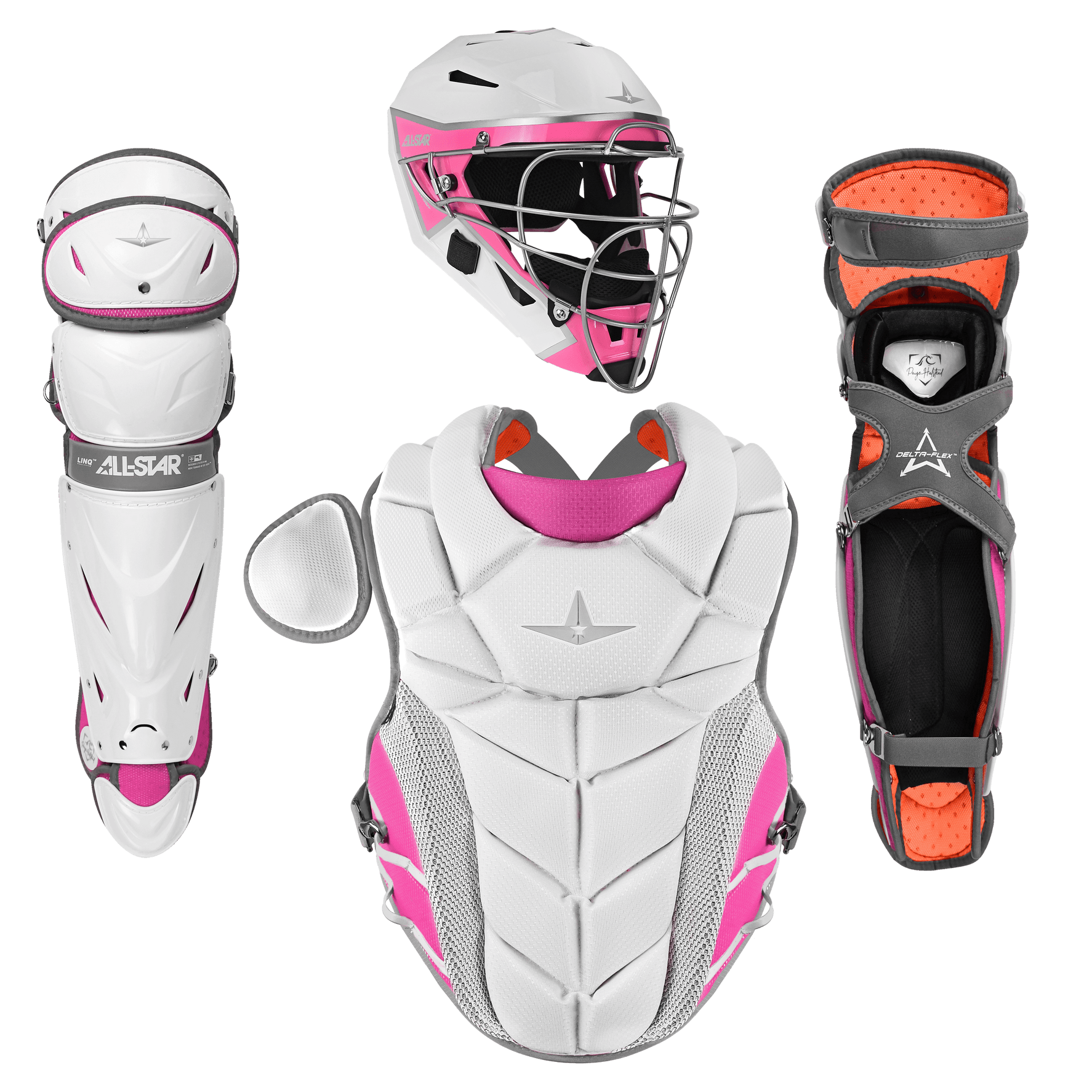 All-Star PHX Mother's Day Pro Series catcher’s gear, white and pink, front view showing helmet, chest protector, leg guards.