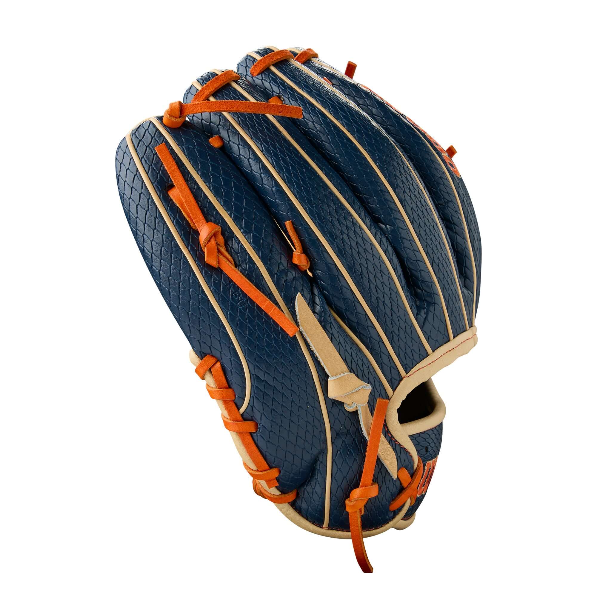Wilson A2000 Jose Altuve 11.5" baseball glove in navy, blonde, and orange, designed for infield players.
