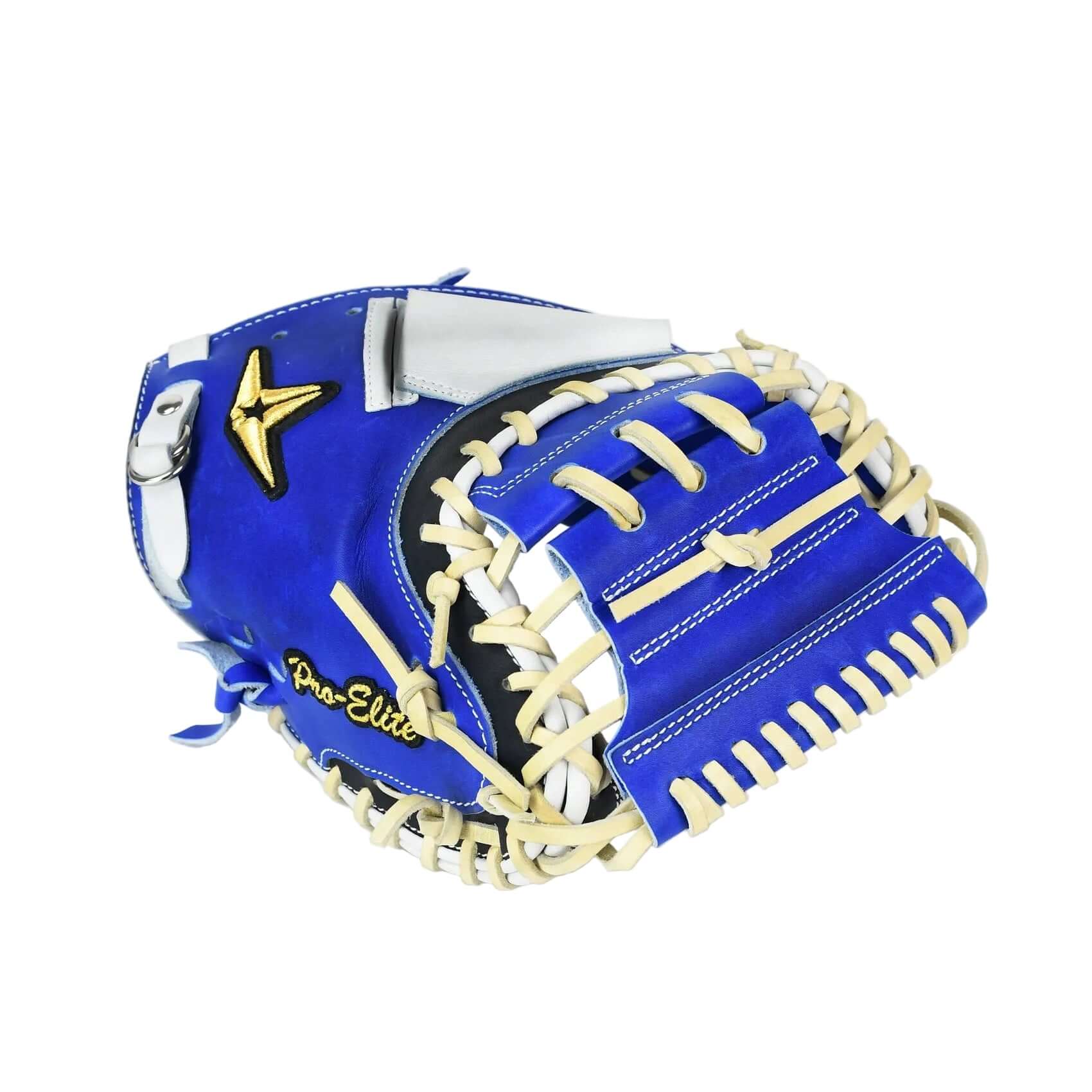 All-Star Pro-Elite Japan 34" Catchers Mitt Closed Back Royal/Nav/White, backhand view showing white lacing and embroidered logo.