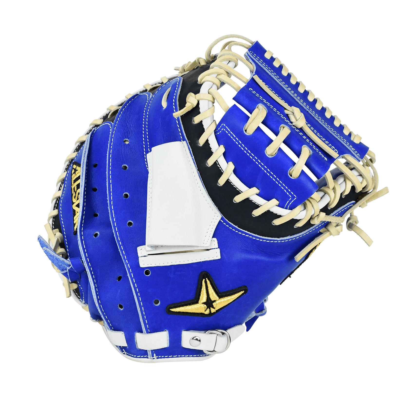 All-Star Pro-Elite Japan 34" Catchers Mitt Closed Back Royal/Nav/White, backhand view with lacing and logo detail.
