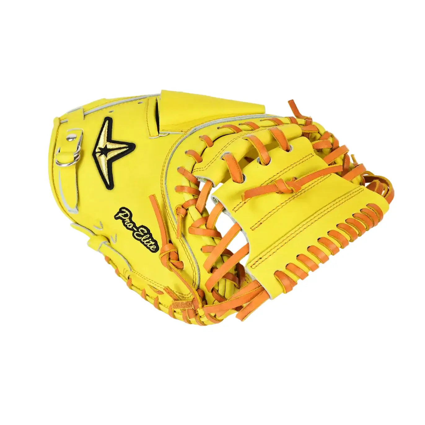 Palm view of All-Star Pro-Elite Japan 34" Catchers Mitt Closed Back Yellow/Light Brown with web detail and orange lacing.