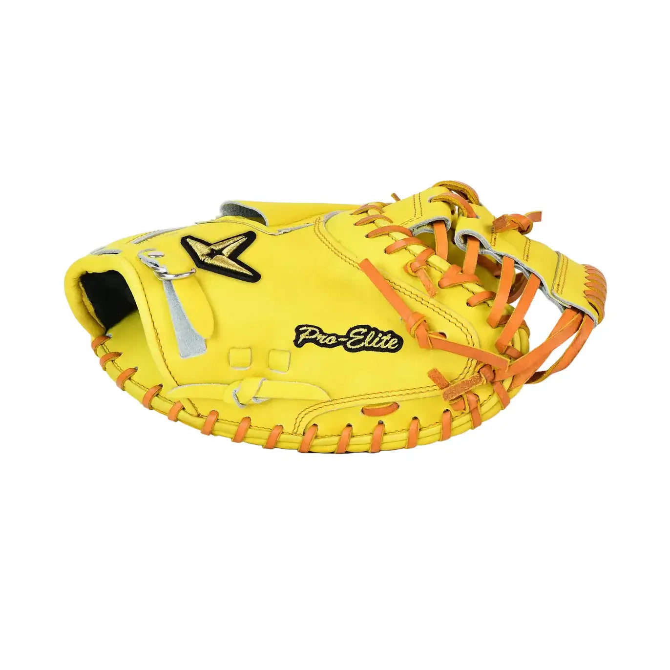 All-Star Pro-Elite Japan 34" Catchers Mitt Closed Back Yellow/Light Brown side view with web detail and orange lacing