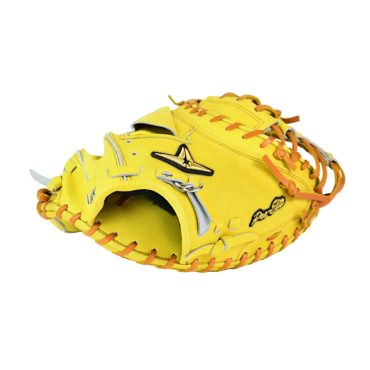 All-Star Pro-Elite Japan 34" Catchers Mitt Closed Back Yellow/Light Brown palm view with yellow lace and logo visible.