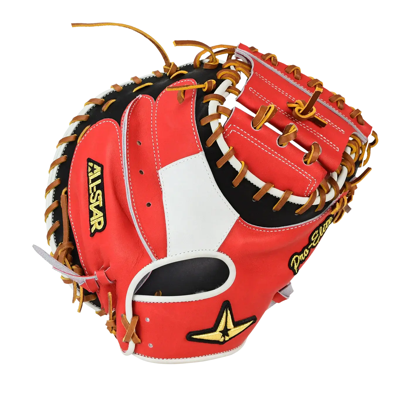 All-Star Pro-Elite Japan 34" Catchers Mitt Open Back Red/Black/White in palm view, featuring red lacing and signature patch.