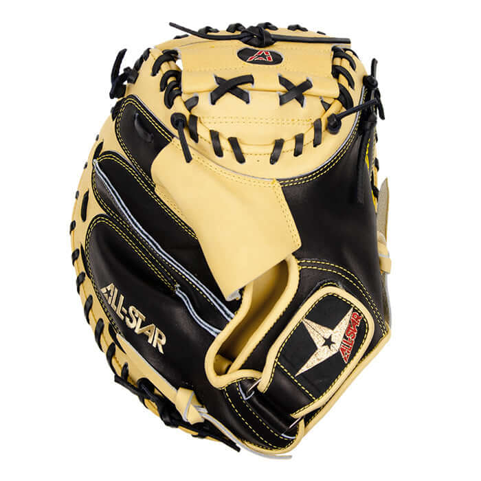 All-Star Pro-Elite Catcher's Mitt in black and tan, featuring soft leather pocket and adjustable fit for right-hand throw.