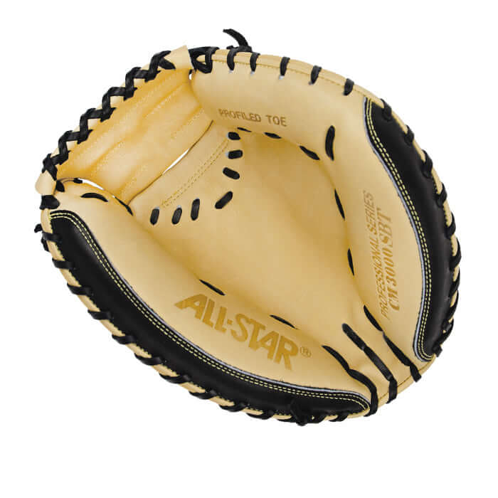 All-Star Pro-Elite Catcher's Mitt interior view showcasing black and tan leather design with perforated toe detail.