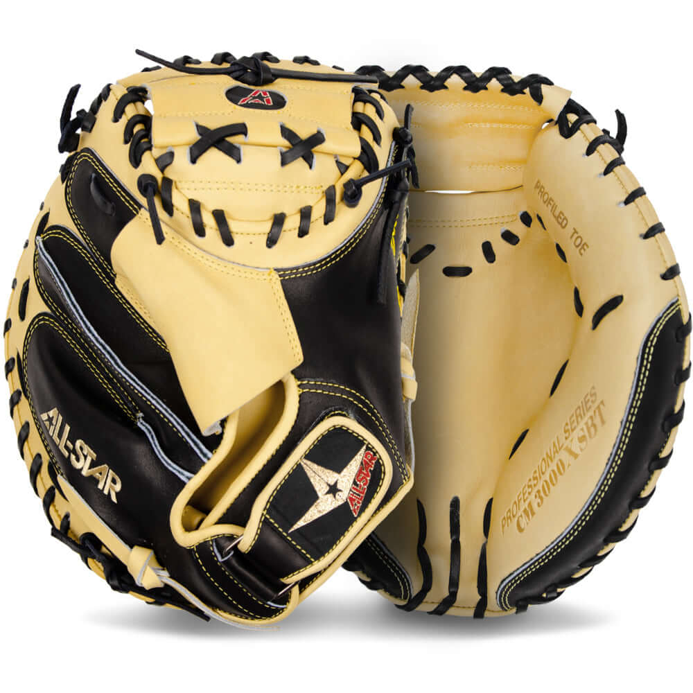 All-Star Pro-Elite Catcher's Mitt in black and tan, featuring a soft leather pocket and adjustable strap for personalized fit.