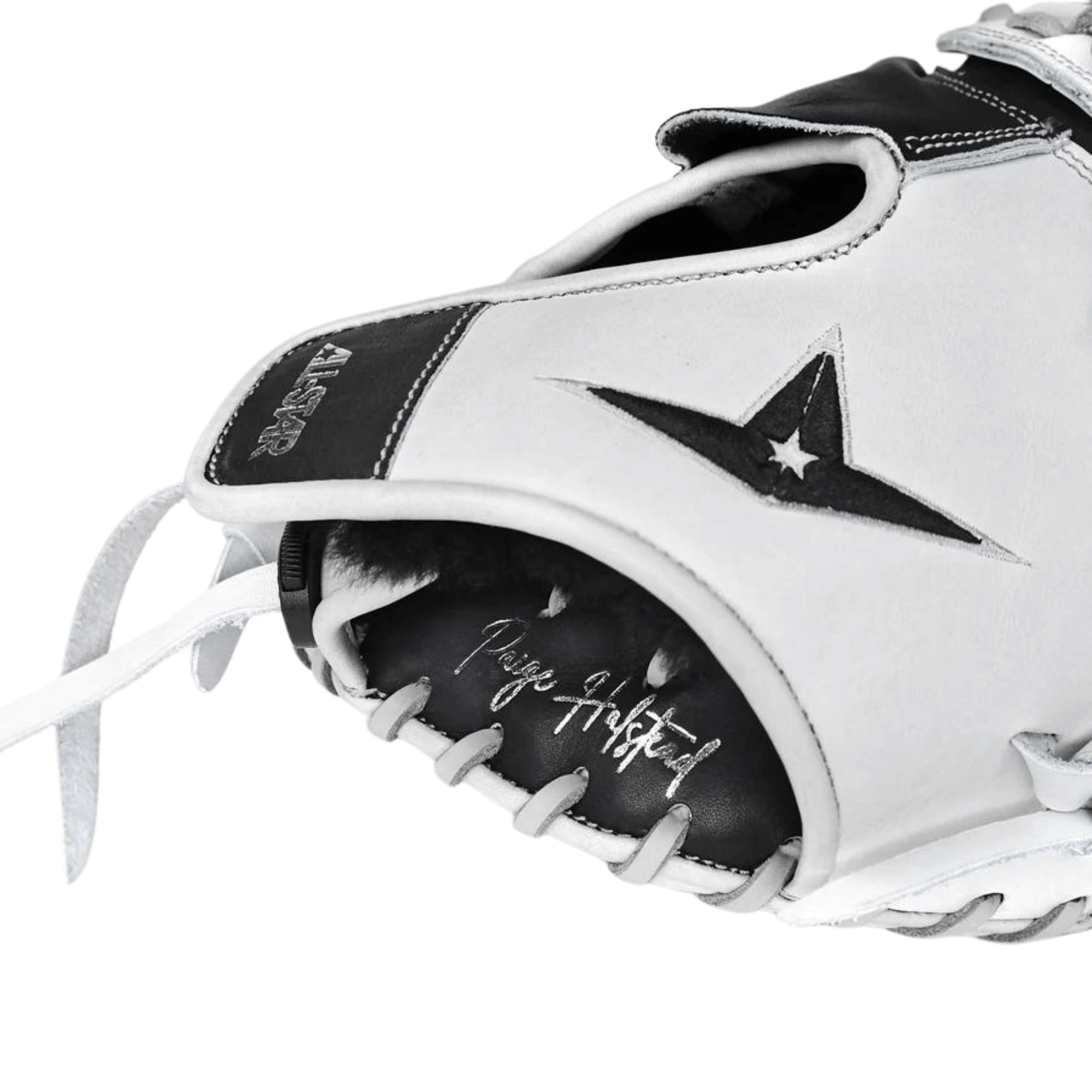 All-Star PHX Fastpitch Catcher's Mitt showcasing adjustable pocket system and premium leather design. Paige Halstead inspired.