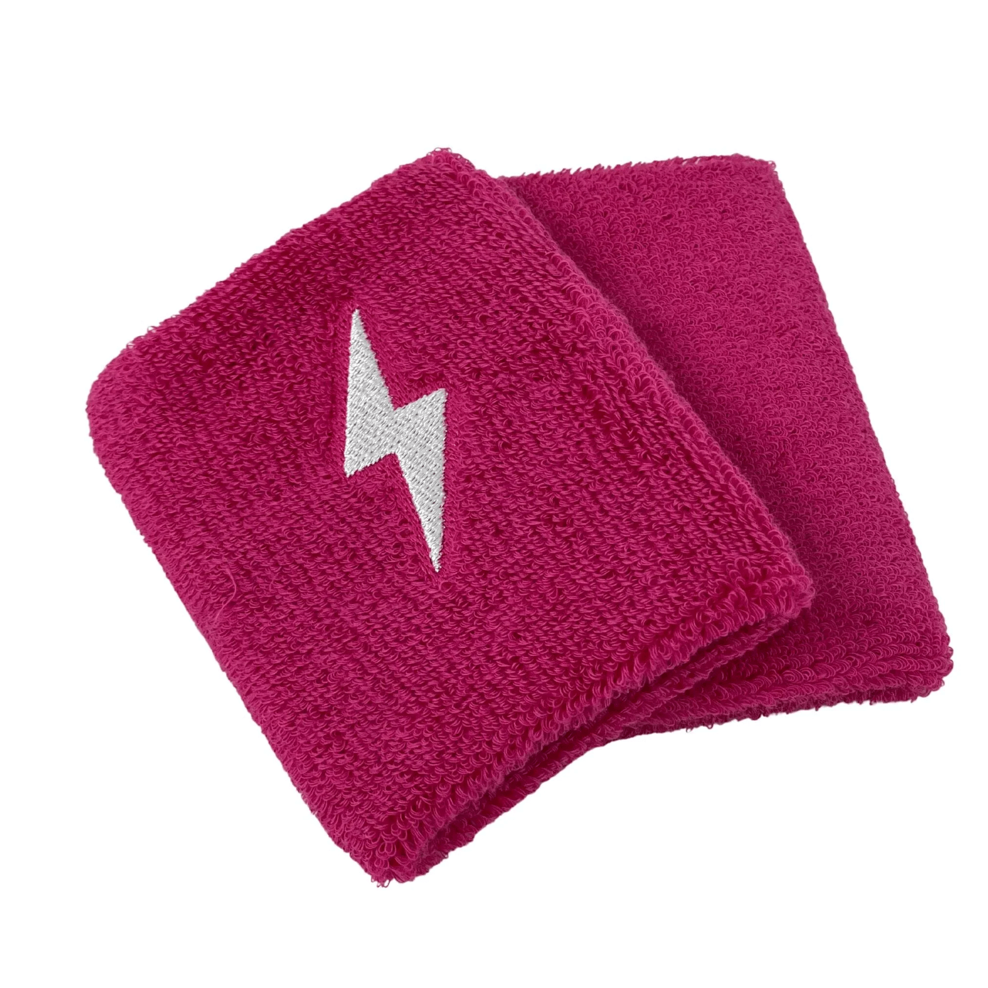 Bruce Bolt Premium Pro Wrist Bands in vibrant pink with lightning bolt design, made from super-soft terry cloth for ultimate sweat absorption.