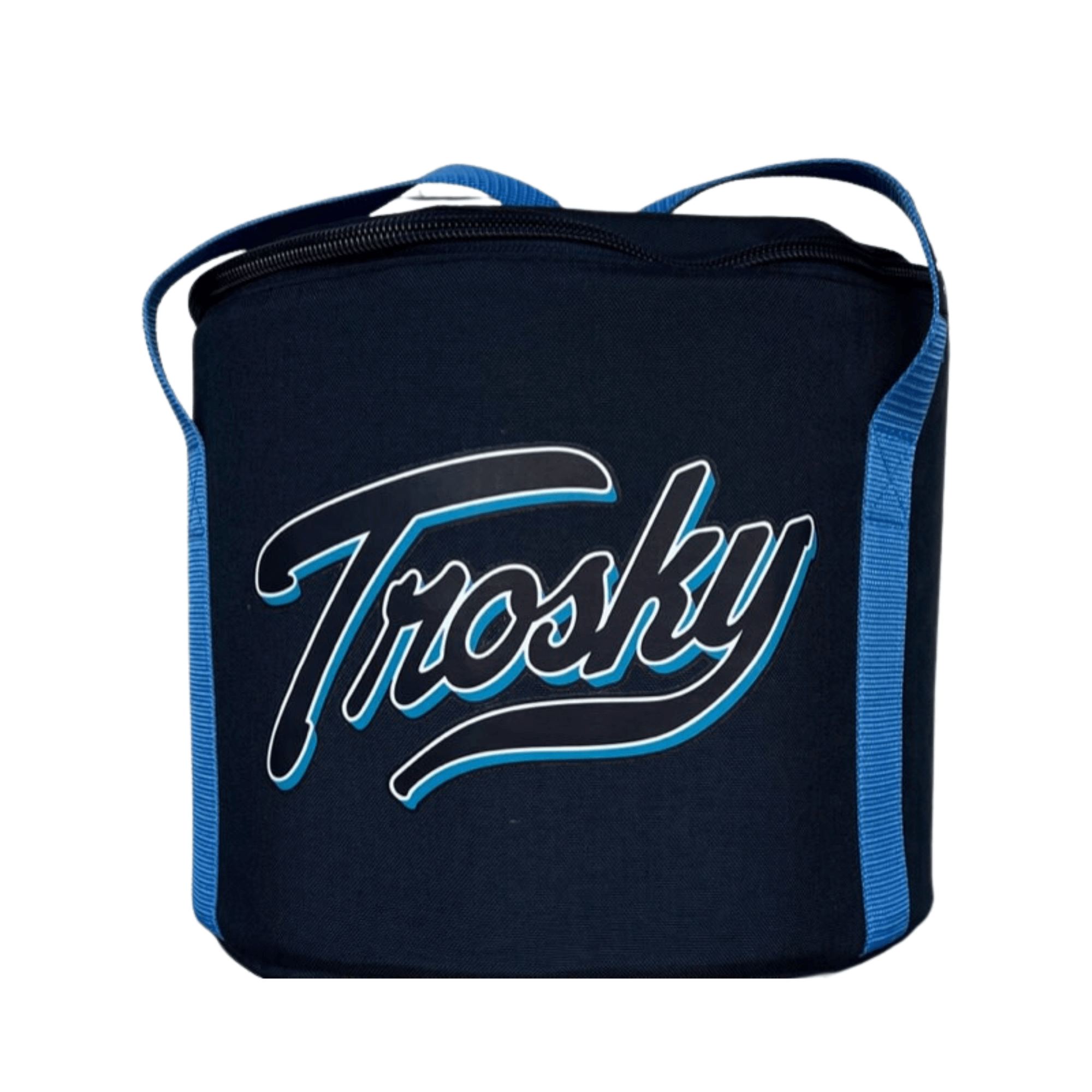 Trosky JDUB Coaches Ball Bag in navy with blue accents, designed for carrying 60+ baseballs during practice.