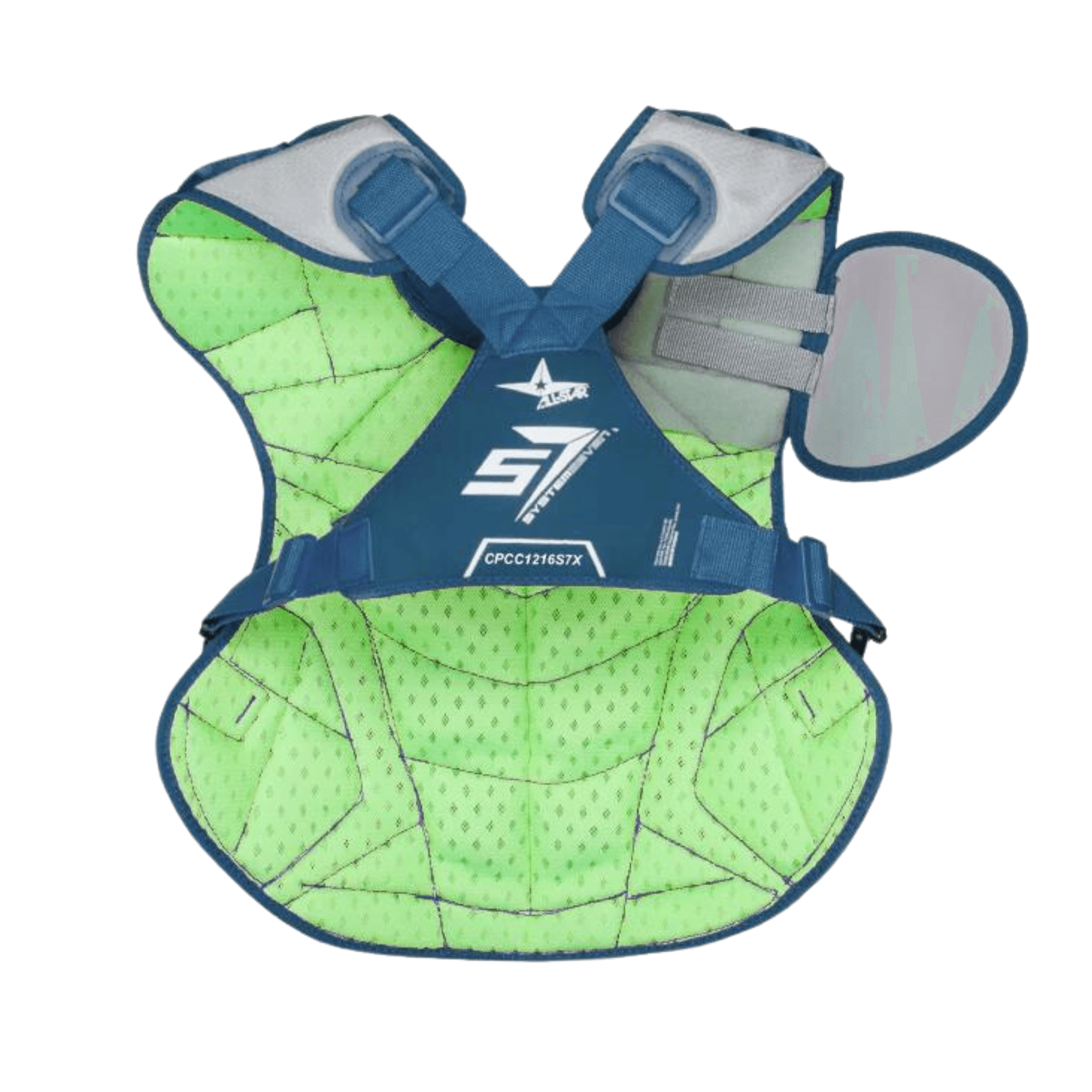 All-Star S7 Axis Chest Protector for ages 9-12, certified to meet NOCSAE standards, black hardware.