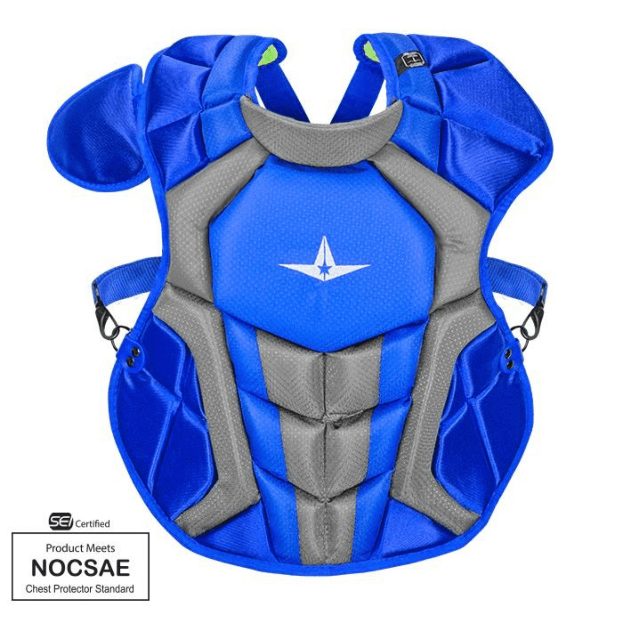 All-Star S7 Axis Chest Protector for ages 9-12, certified to meet NOCSAE standards, black hardware.