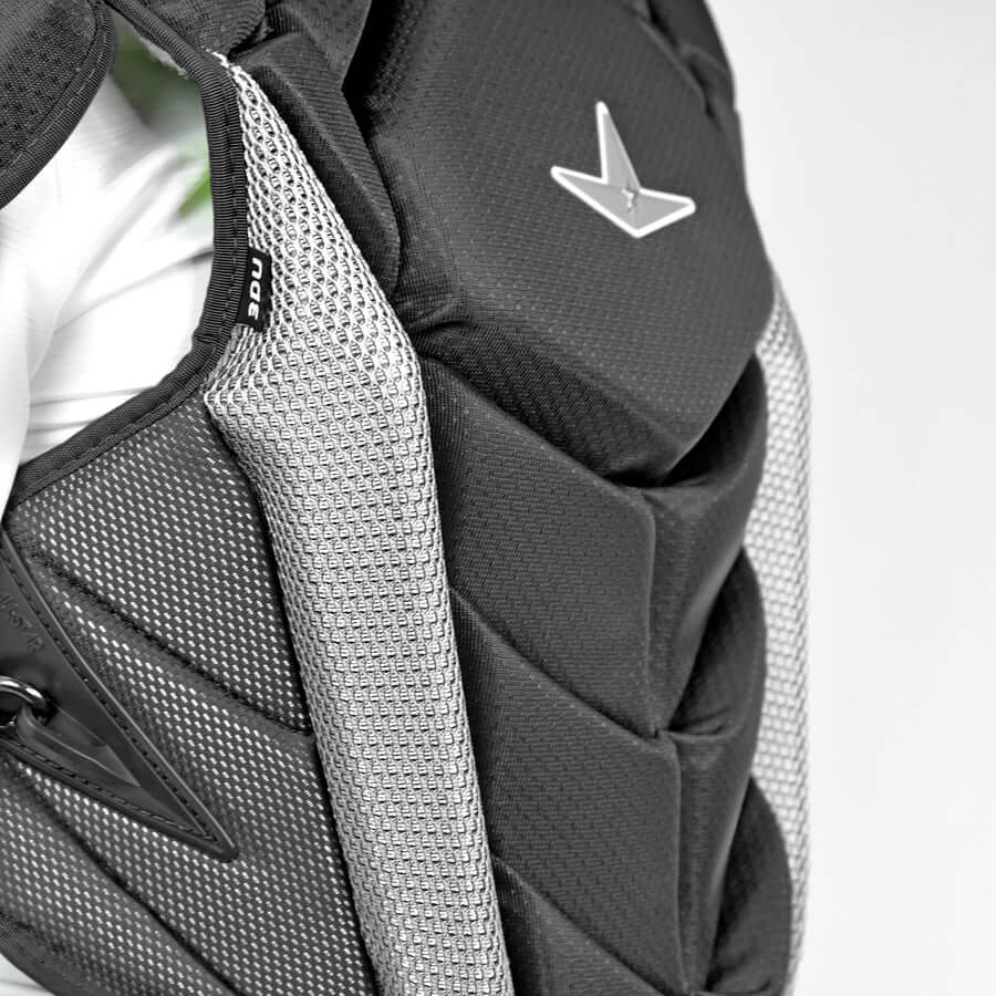 Close-up of All-Star MVP-PRO™ Chest Protector / NOCSAE / Small BK/BK featuring 3DU Bar® technology and black padding detail.