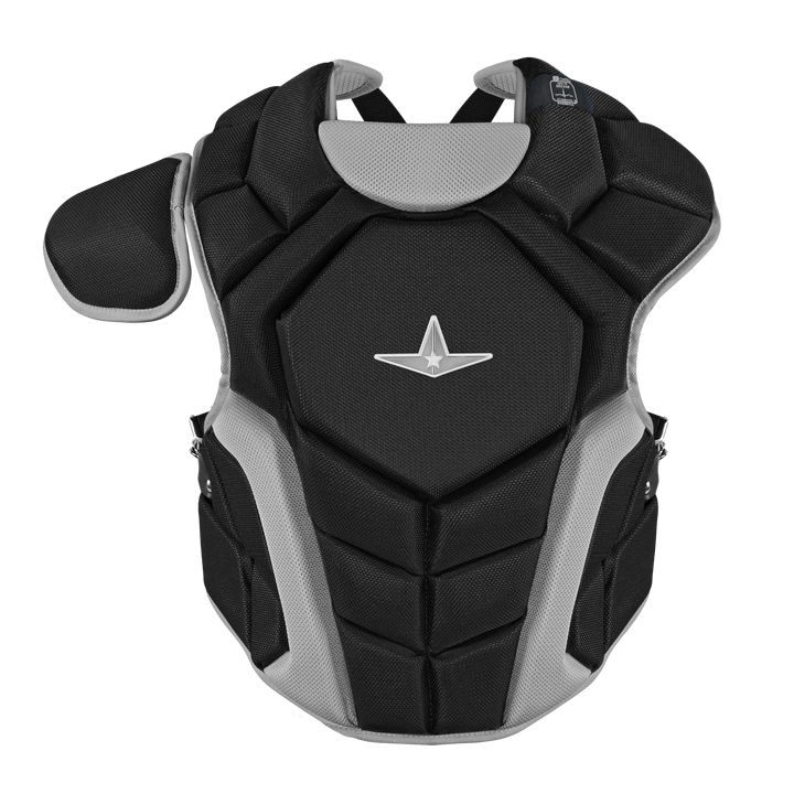 Top Star Catcher's Kit chest protector in black and gray, featuring padded protection and NOCSAE compliance for ages 9-12.